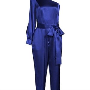 NWT AIDAN MATTOX Satin One Shoulder Tie Waist Evening Jumpsuit Sapphire Blue 8